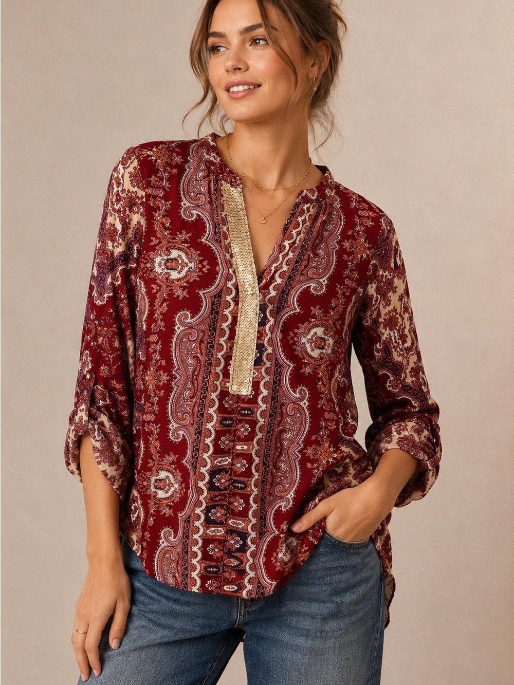 Tiny Anthropologie Paisley Boho Tunic Top Sequin Detail Medium